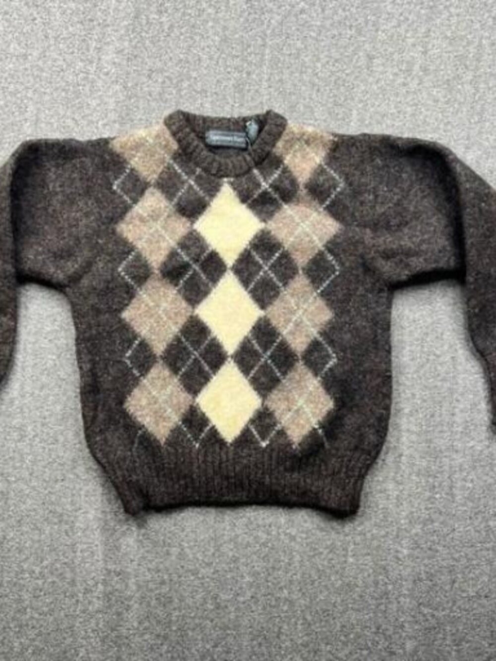 Christopher Hayes Sweater Women Medium Brown Argyle Crew Neck Long Sleeve Fuzzy